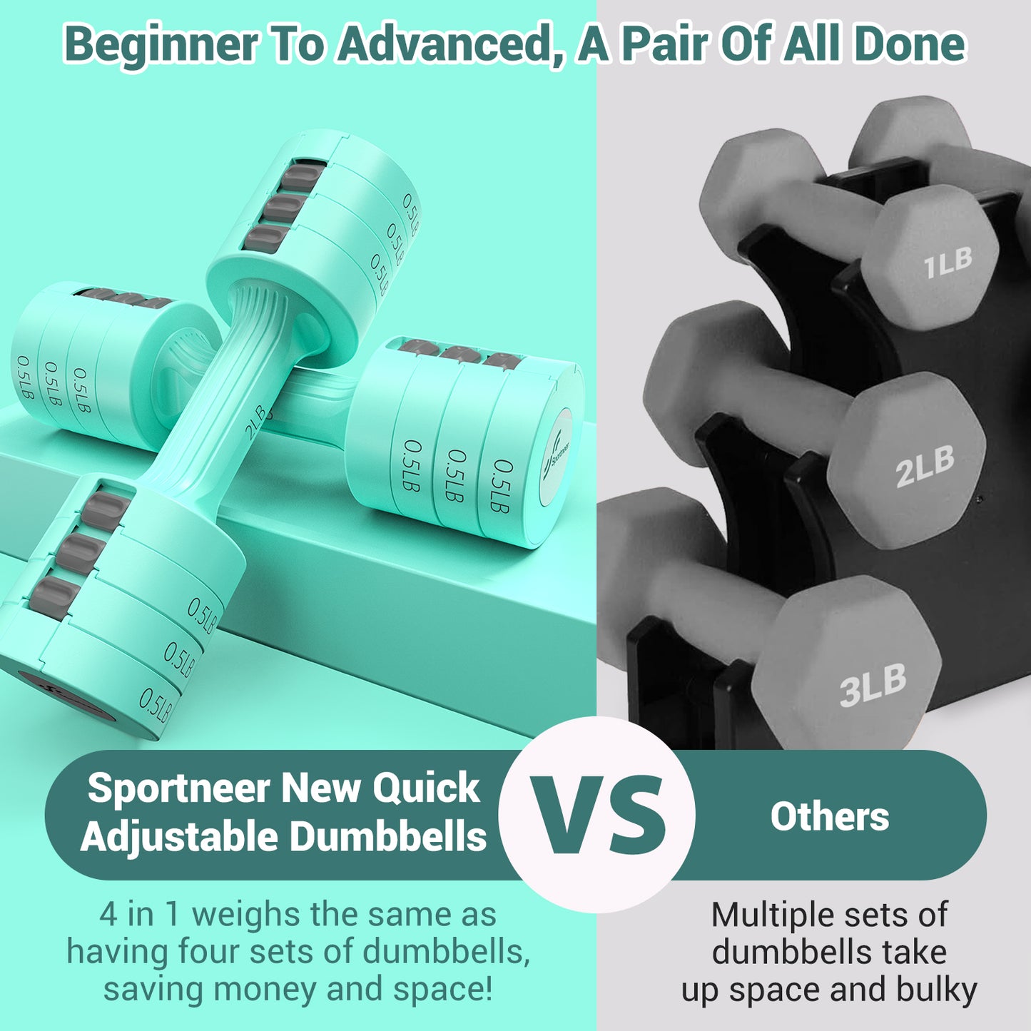 Adjustable Dumbbells Hand Weights Set: Sportneer 5 lb Dumbbells Set of 2 Each 2lb 3lb 4lb 5lb Free Weights Fast Adjust Weight 4 In 1 Weights Dumbbells Set for Women Men Home Gym Exercise Training