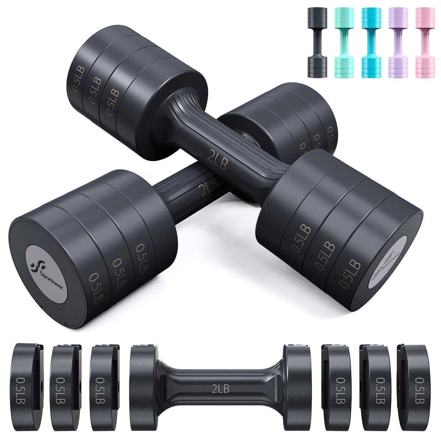 Adjustable Dumbbells Hand Weights Set: Sportneer 5 lb Dumbbells Set of 2 Each 2lb 3lb 4lb 5lb Free Weights Fast Adjust Weight 4 In 1 Weights Dumbbells Set for Women Men Home Gym Exercise Training