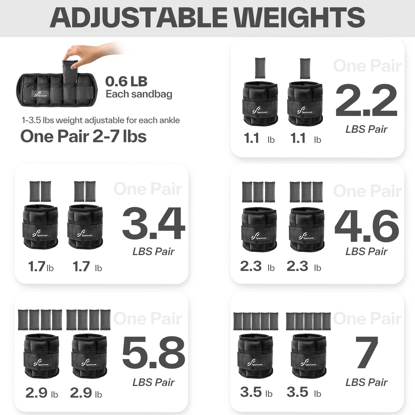 Sportneer Adjustable Ankle Weights 2-7LBS