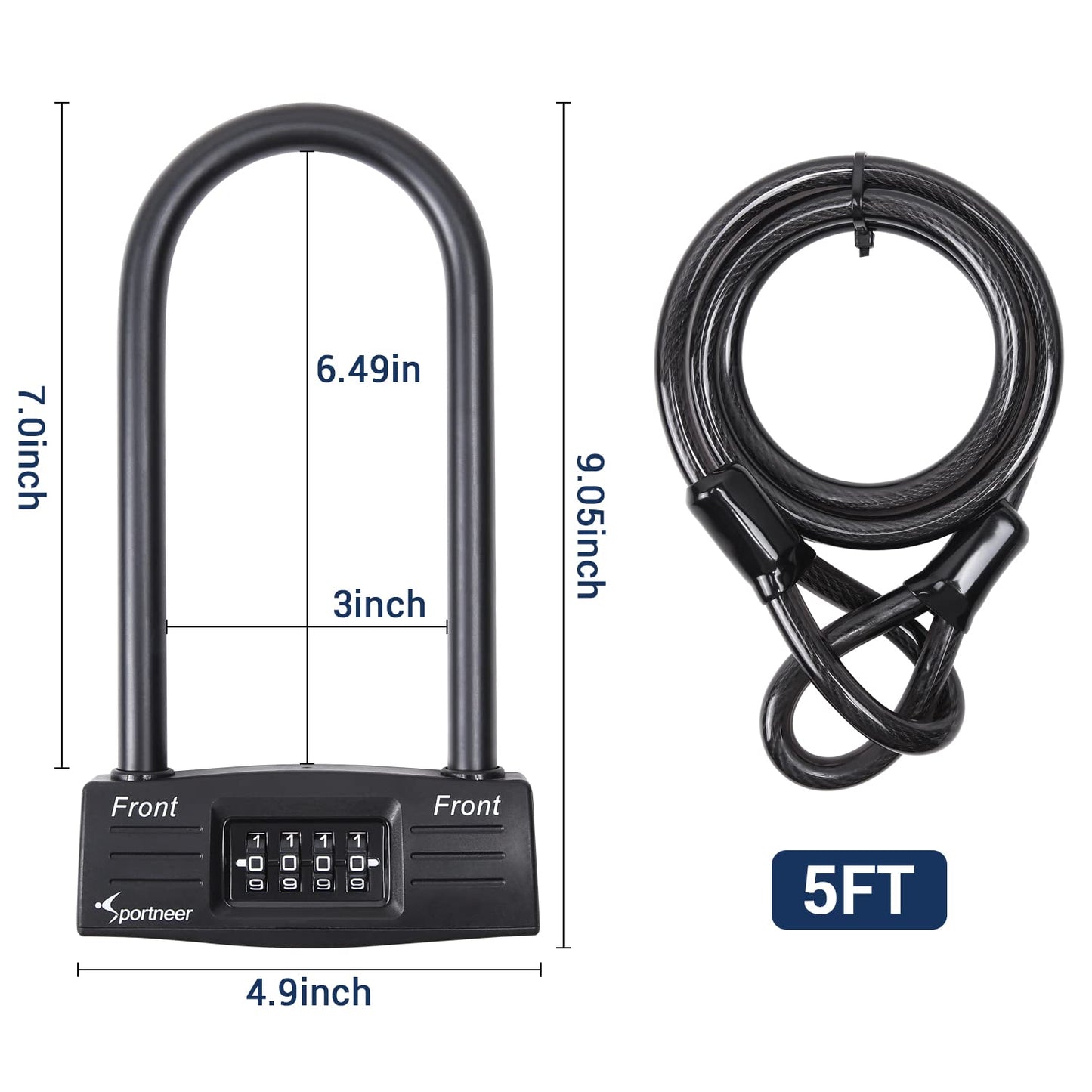 SportneerBike U Lock Combination - Heavy Duty Bicycle Locks Set