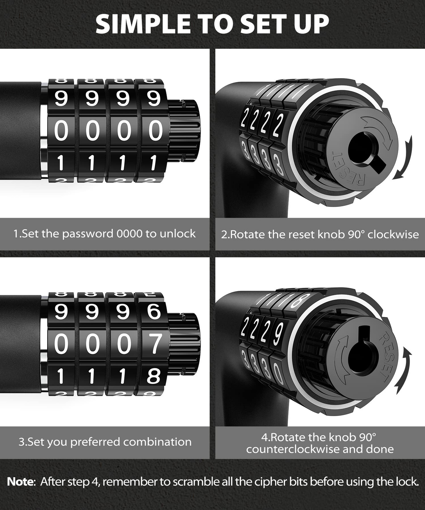 Sportneer 4-Digit Resettable Bicycle Locks with Combination & Keys